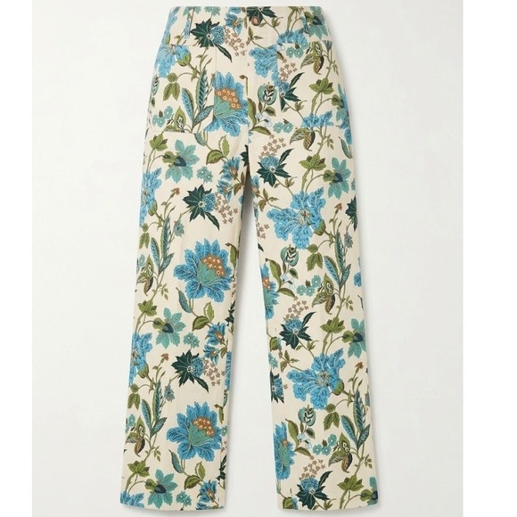 Gigio Pants - Gigio USA Floral Print High Rise Straight Leg Pants Cream Blue Size Large